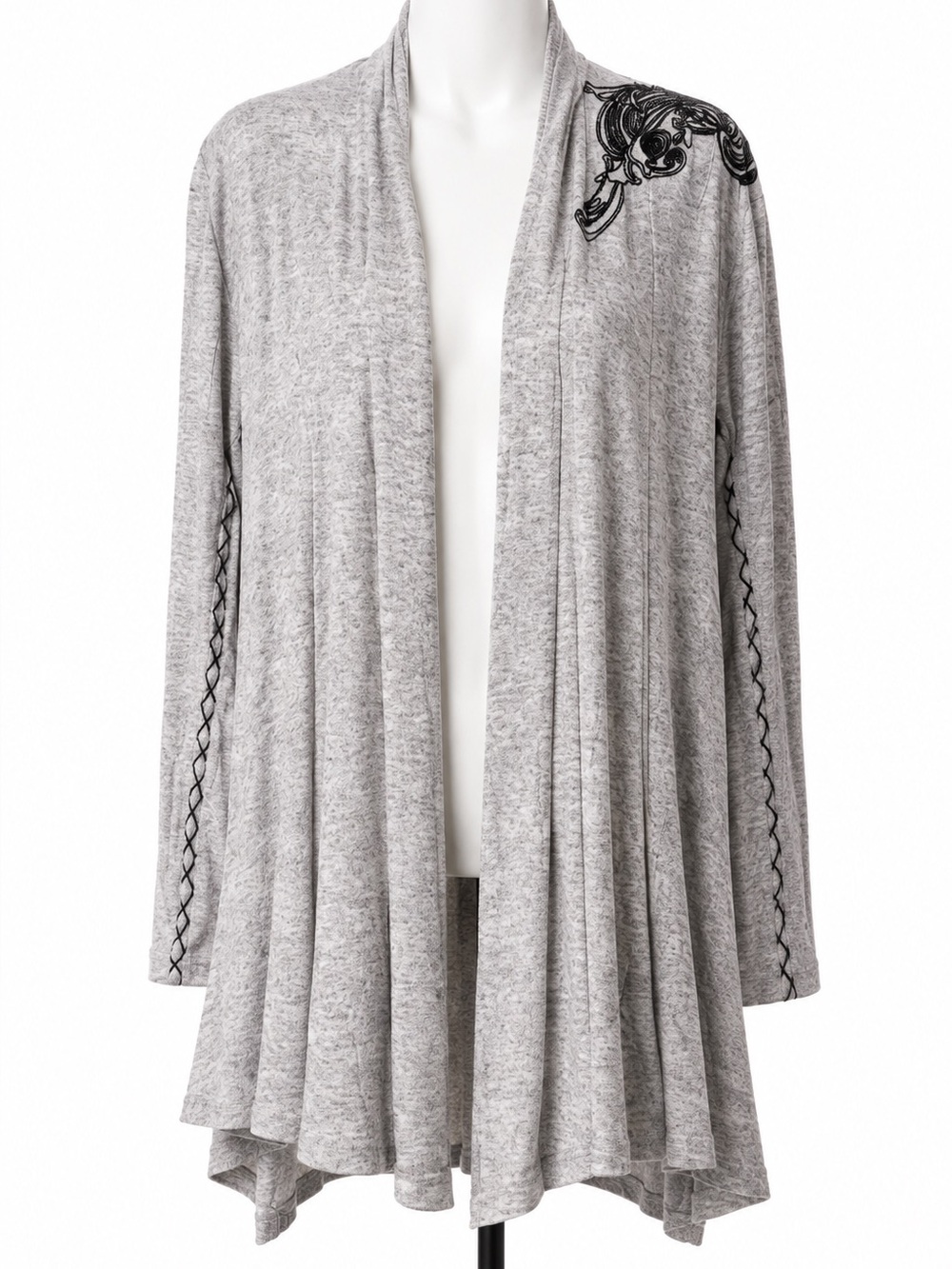 About Stylez Gray Embroidered Open Front Waterfall Cardigan One Size